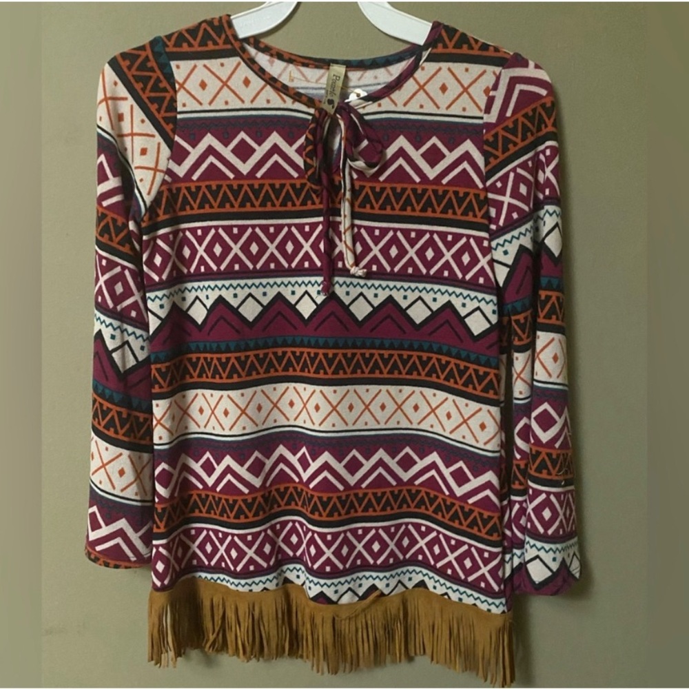 Pomelo Girls Aztec Geometric Fringe Top Large Purple, White, & Tan NWT